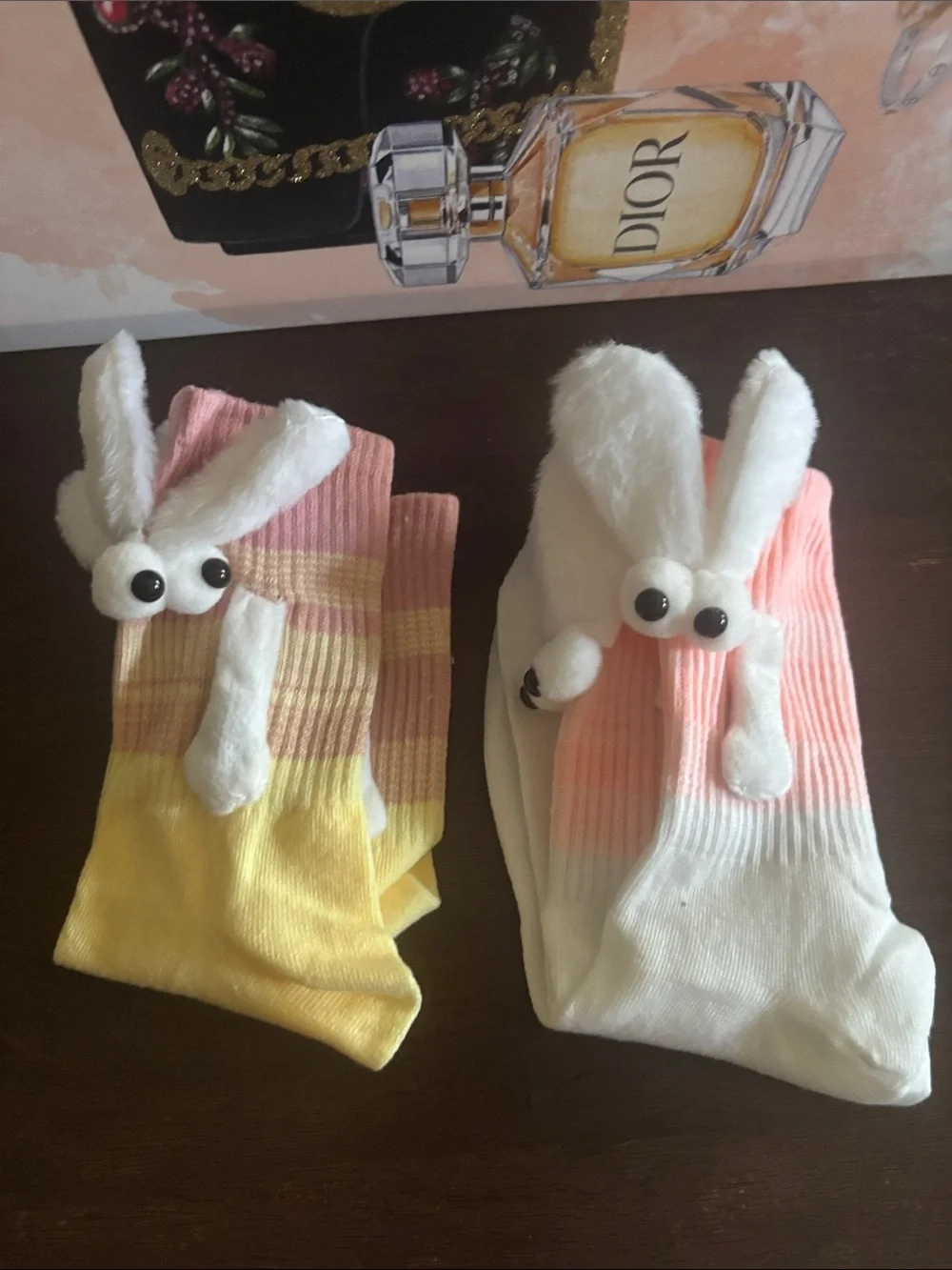 Cute Bunny Accent Crew Socks - Yellow & Pink Pair
